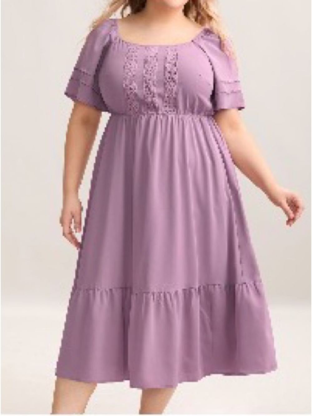 BloomChic Lavender Tiered Midi Dress with Lace Panel Flutter Sleeve